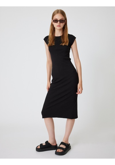 Koton Midi Slip Elbise Bisiklet Yaka Kap Kol Slim Fit Siyah 4sal80237ık Siyah