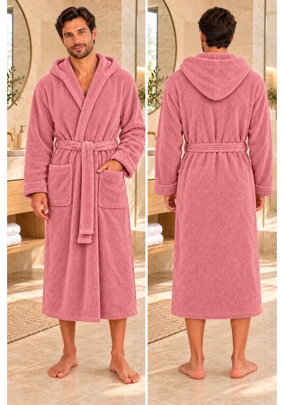 Kapüşonlu Unisex Rashell Bornoz Cepli Yumuşak Dokulu Pembe