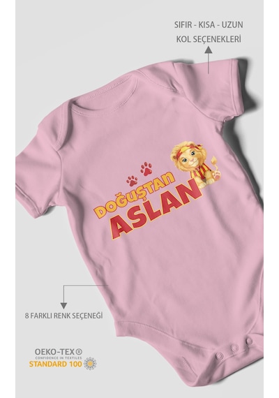 Morivokids Doğuştan Aslan Kısa Kollu Bebek Body %100 Pamuk Koyu Pembe