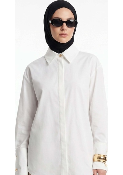 Armine Trend Gizli Düğmeli Oversize Gömlek Ekru 25kt304