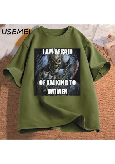 Flood Of Style Ben Kadın T-shirt Erkek Pamuk Kısa Kollu Tees İle Konuşmaktan Korkuyorum Komik Sert İskelet M Yeşil