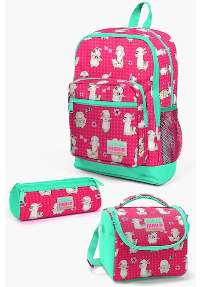 Coral High Kids Neon Mercan Su Yeşili Alpaka Desenli 3 Lü Okul Çanta Seti Set0123466