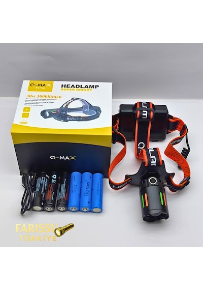 Q-max Ps-t62 3000 Lümen Kafa Lambası 3 Adet 18650 Yedek Pilli Powerbank Özellikli Siyah
