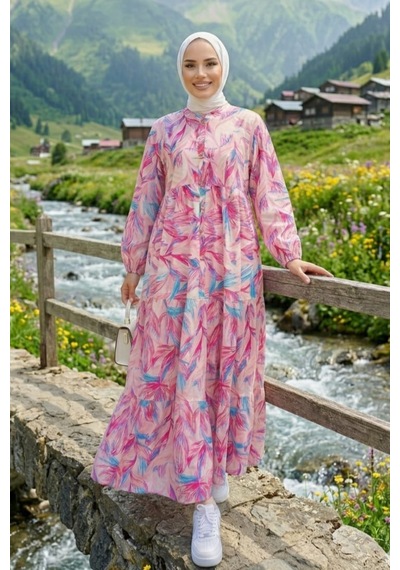 Hb Harma Time Butik Kadın Düğmeli Modal Kumaş Desenli Pembe Elbise Hb Harma Time Butik Kadın Düğmeli Modal Kumaş Desenli Pembe Elbise