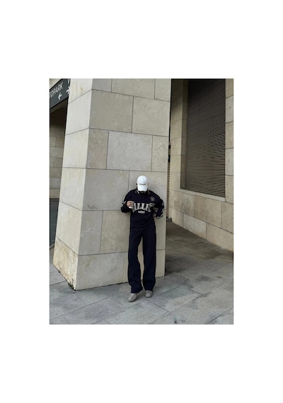 Kadın 3 İplik Pamuklu Yakalı Sweat Baggy Pantolonlu Alt-üst Takım - Siyah