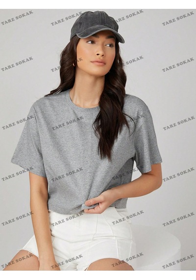 Flood Of Style Crop Ckod-232913 Pamuk Damla Omuz Düz Kısa Gri