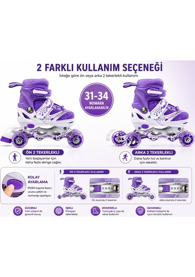 Ön Tekerler Led Işıklı Ayarlanabilir Çocuk Pateni Mor 31-34 Pembe