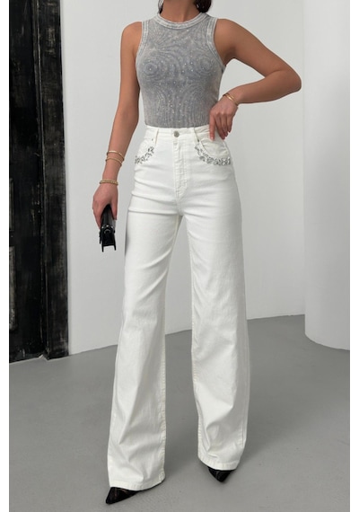 Lacarino 7984 Wide Leg Kadın Jean Pantolon Beyaz Taşlı