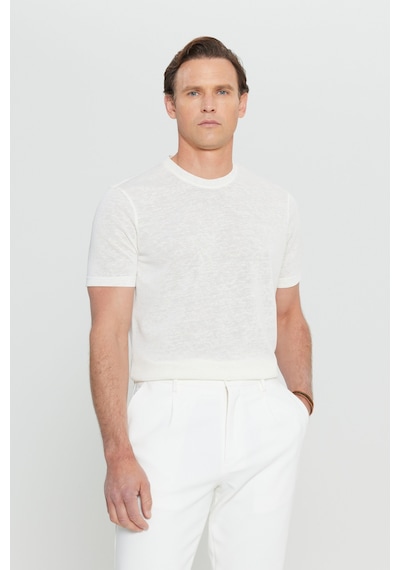 AC&Co / Altınyıldız Classics Erkek Ekru Pamuklu Slim Fit Dar Kesim Bisiklet Yaka Tişört Ekru