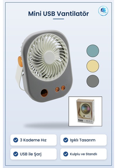 Mini Usb Masaüstü Vantilatör 3 Kademe Işıklı Taşınabilir Kulplu S