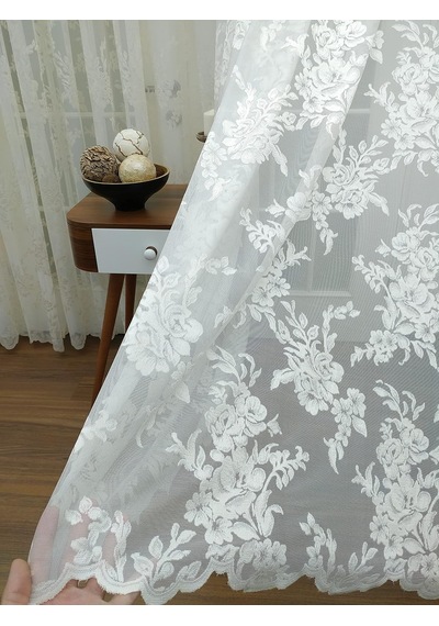 Gül Desenli Dantel Tül Perde, 200x260, Seyrek Pile, 1/2 Çok Renkli