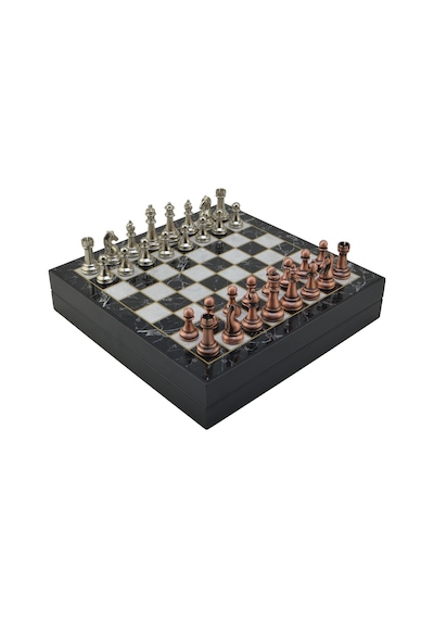 Gifthome Orta Boy Antik Metal Klasik Satranç Takımı Ve Mermer Desenli Sandıklı Mdf Tahtası 30x30x6 Cm.