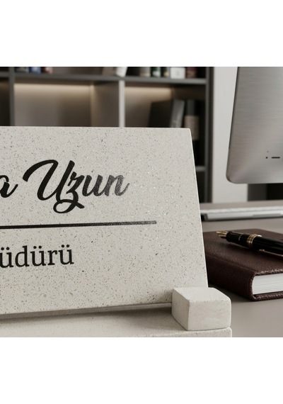 Masaüstü İsimlik Seti Yeni İş Hediyesi Mermer İçerikli Beton Masa İsimliği Açık Bej