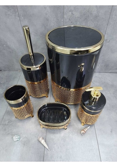 Avangard Siyah Üzeri Gold Işlemeli 5'li Banyo Seti Siyah