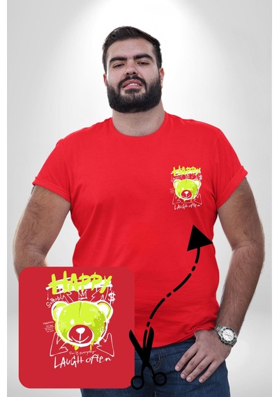 Angemiel Sık Sık Mutlu Gülmek Teddy Bear Kırmızı Büyük Beden Kadın Basic Minimal Baskılı Tişört Kırmızı