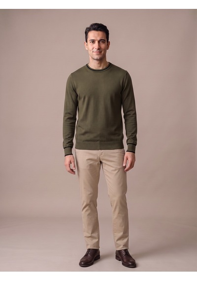 Maccali Erkek Haki Kontrast Şeritli Bisiklet Yaka Triko Sweatshirt