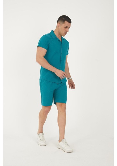 Mfz Giyim Keten Petrol Mavi Renk Slim Fit Erkek Şort - Gömlek Alt Üst Takım