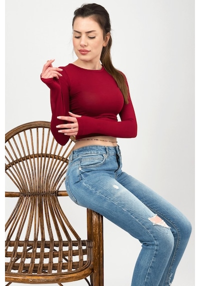 Kadın Bisiklet Yaka Parmak Detaylı Spor Body Basic Soft Touch Spor Crop Bordo