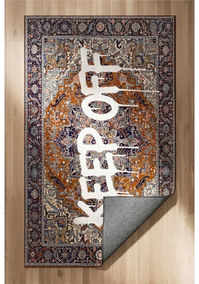 Deira 02 Turuncu Vintage Eskitme Keep Off Yazılı Etnik Motifli Renkli İnce Antre Ofis Ev Oda Halısı