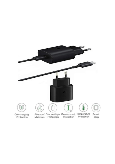 Samsung Galaxy S20 Plus Uyumlu Type-c Ultra Hızlı Şarj Seti 22.5w 3.0 Amper Siyah Şarj Adaptörü Ve Kablo