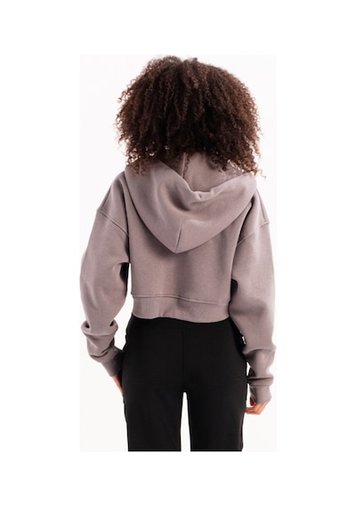 Justever Crop Kapüşonlu Fermuarlı Kanguru Cepli Şardonlu Hoodie Gri Kadın Sweatshirt - Lumen Gri