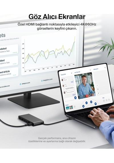 Connect 8 Portlu Usb-c Hub, 4k 60hz E Kadar Çözünürlükleri Destekleyen Ekran Uyumu, Mac, Window