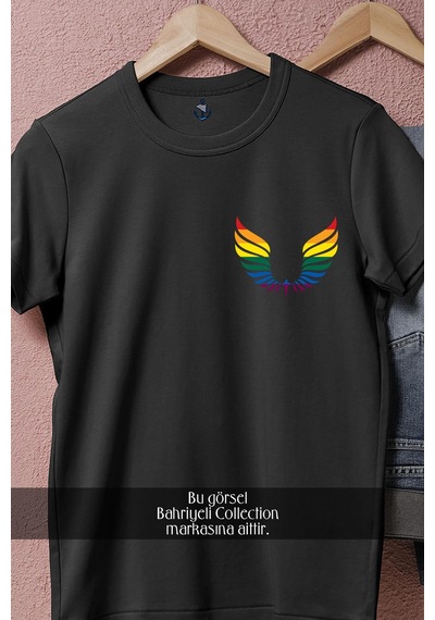 Oversize Wings Lgbt Colors Cep Tasarımlı Unisex T-shirt Siyah