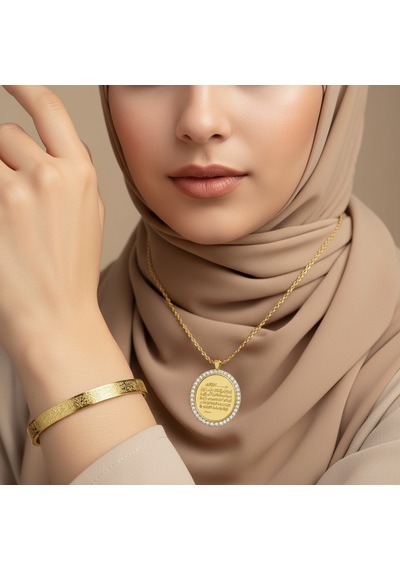 Taşlı Oval Kolye Ve Ayetel Kürsi Bileklik Seti Gold Çelik Takı Altın