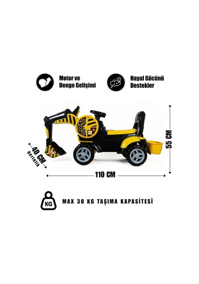 Pedalsız Bin-git Kepçe İnşaat Aracı Renkli Eğlenceli Tasarım Boyutlu Çocuk Bahçe Oyuncağı Urt030-001 Sarı