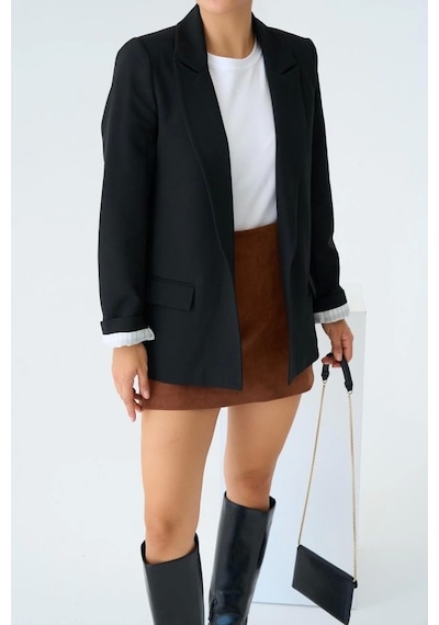 Defymoda Astarı Çizgili Ceket - Siyah Siyah