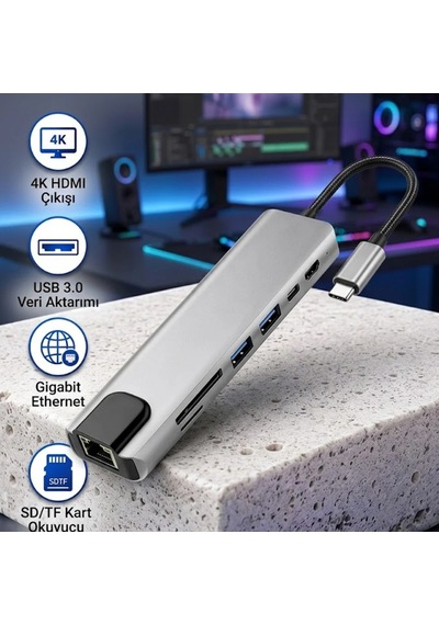 8 Portlu Type-c Hub 4k Hdmı Usb 3.0 Sd Kart Okuyucu Rj45 Ethernet Çoklu Bağlantı Adaptörü