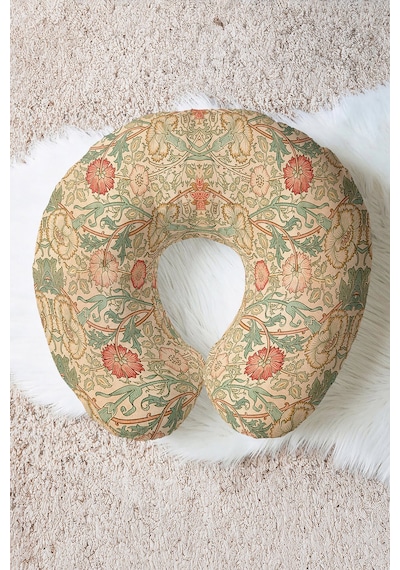 Vintage Çiçek Desenli Ergonomik Boyun Yastığı - Klasik Sanat Stili Yeşil Krem Seyahat Yastığı Soluk Yosunlu Bal