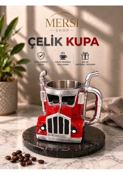 Kamyon Tasarımlı Paslanmaz Çelik Kupa Bardak 3d Dekoratif Araç Kupa Altın - Kırmızı