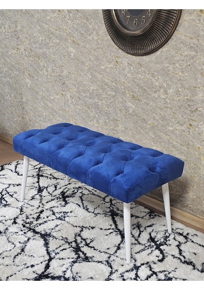 Zafir Beyaz Boyalı Sivriltme Ayaklı 90 Cm Puf Bench - Puf - Bench - Kasalı Oturak - Oturak - Yatak Ucu Puf Mavi