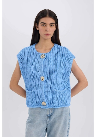 DeFacto Relax Fit Düğmeli Cepli Triko Yelek E1960AX24WNBE3 Mavi