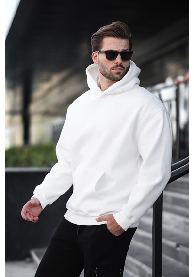 Madmext Ekru Kapüşonlu Kanguru Cep Erkek Sweatshirt E7169 Ekru
