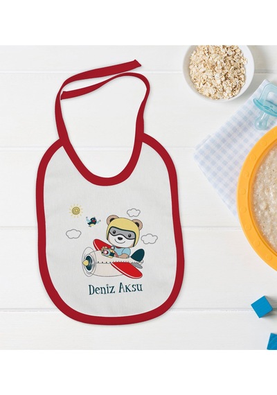 BK Kids Kişiye Özel Sevimli Pilot Tasarımlı Kırmızı Bebek Mama Önlüğü Kırmızı