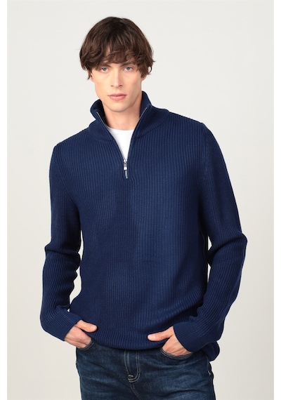 Tudors Slim Fit Dar Kesim Dik Yaka Fermuarlı Erkek Kazak-26232 Saks