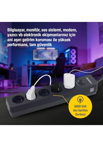 Günsan Siyah 5'li Akım Korumalı Çocuk Korumalı Grup Priz 1.5m 700 Joule 16ka Çocuk Korumalı 1 - 3 M