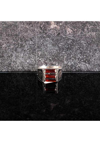 Granit / Mikro Zirkon 925ayar Gümüş Erkek Yüzük Kırmızı