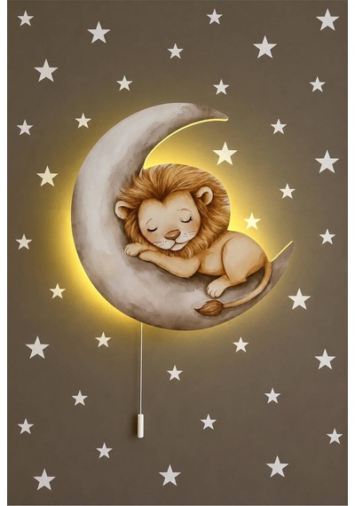 Ahşap Ay Üzeri Aslan Pilli Ledli Gece Lambası Bebek Çocuk Odası-yıldız Sticker Hediyeli Çok Renkli