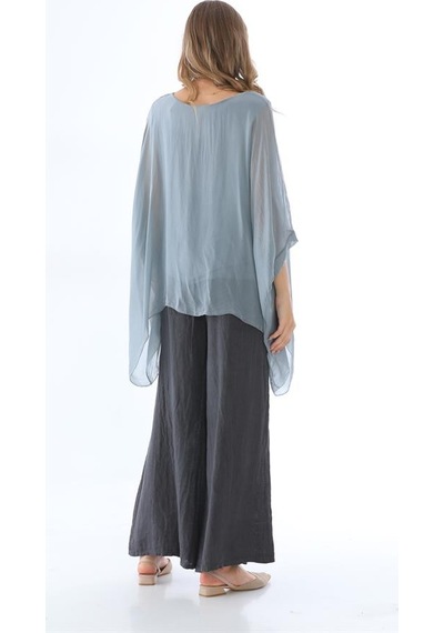 Bohem Stil İtalyan Yarasa Kol İpek Bluz-8869 Gri