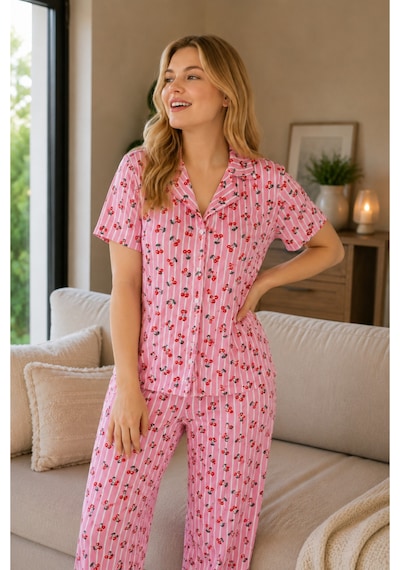 Rindahomewear Büyük Beden Cizgili Kiraz Desen Milan Düğmeli Pijama Takımı Pembe
