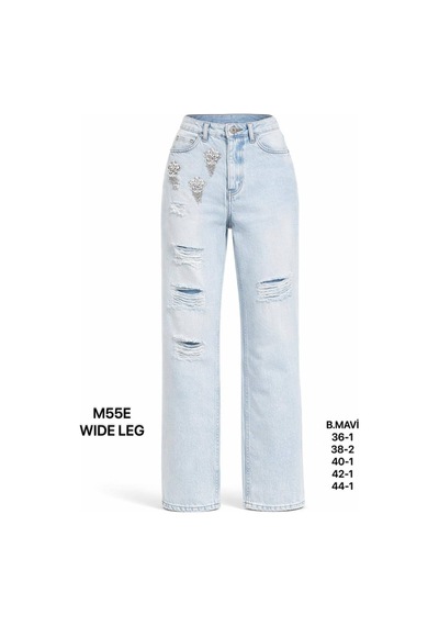 Miss Poem Kadın Buz Mavi Yırtık Taş Detaylı Wide Leg Jean Pantolon