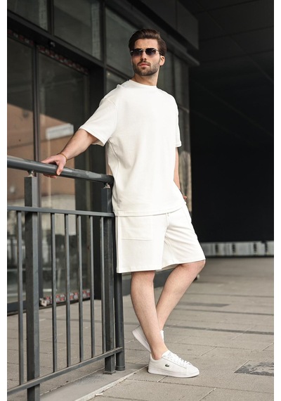Madmext Ekru Bisiklet Yaka Oversize Erkek Şort T-shirt Takım E7355 Ekru