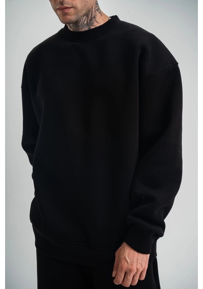Barlashive Erkek Uzun Kol Bisiklet Yaka 3 İplik Pamuklu Kışlık Sweatshirt - Siyah Çok Renkli