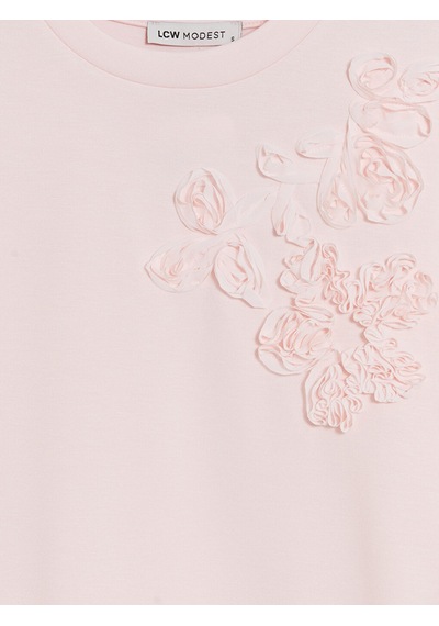 Lcw Modest Pembe Nakışlı Soft Touch Kadın Tişört