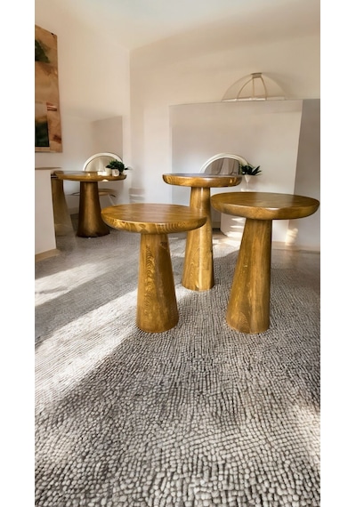 Wood Ahşap 3 Lü Set Mantar Yan Sehpa Konik Model / Meşe Renk