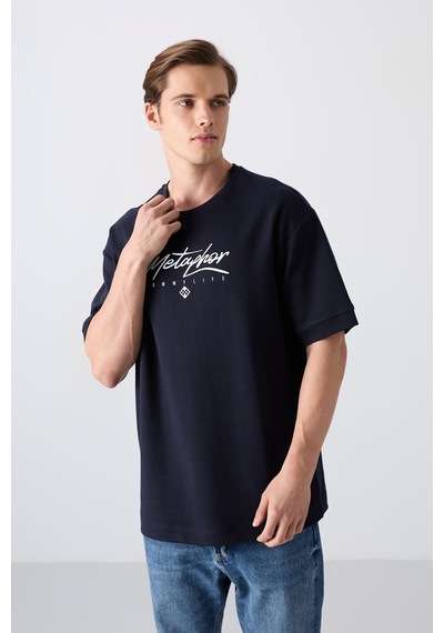 Tommy Life Lacivert Pamuklu Kalın Yumuşak Dokulu Oversize Fit Baskılı Erkek T-shirt - 88320 Lacivert