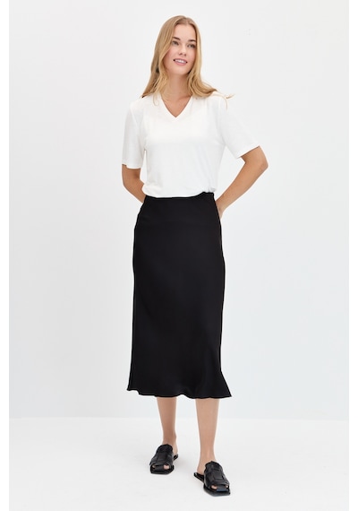 Kadın V Yaka Flamlı Kumaş Basic Tshirt Ekru Ekru